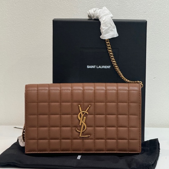 Saint Laurent Cassandre Wallet On Chain Brown Lambskin NEW - Picture 1 of 8